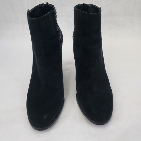 BCBG Milan Stiletto Ankle Booties Women's 9.5B Black Leather Suede & Glitter Zip - Picture 2 of 15